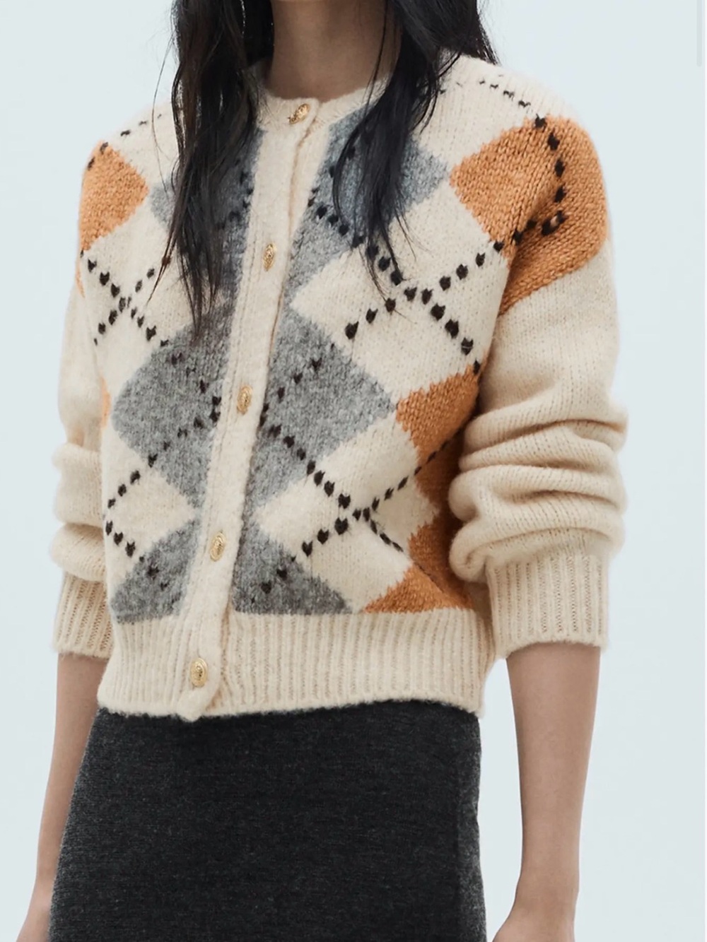 Mango women’s Cream Argyle Button-Up Sweater Cardigan size small - Picture 1 of 7